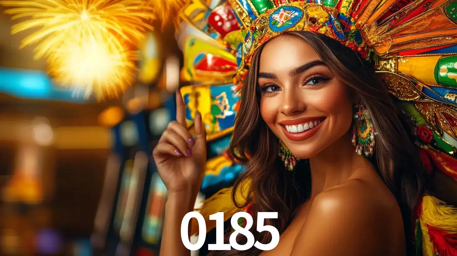 Mulher sorridente com um cocar de carnaval vibrante e colorido, celebrando uma grande vitória nos jogos do cassino 0185 com fogos de artifício ao fundo.