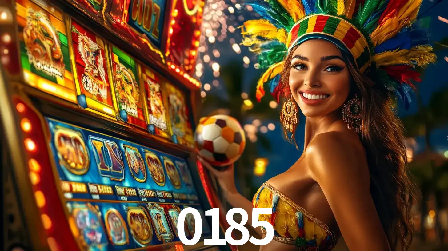 Mulher com um cocar de carnaval ao lado de uma máquina de caça-níqueis enquanto segura uma bola de futebol, mostrando a união da diversão de cassino e esportes no 0185.