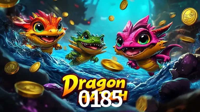 Arte promocional do jogo Dragon Hatch com três adoráveis dragões bebês nadando entre moedas de ouro, um dos slots mais divertidos para jogar no cassino 0185.