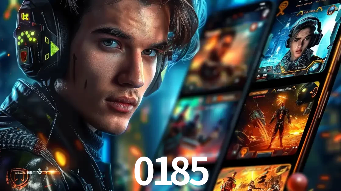 Jovem jogador com fones de ouvido olhando para a câmera, com um aplicativo de jogos e e-sports para celular ao fundo, pronto para a competição e apostas no 0185.