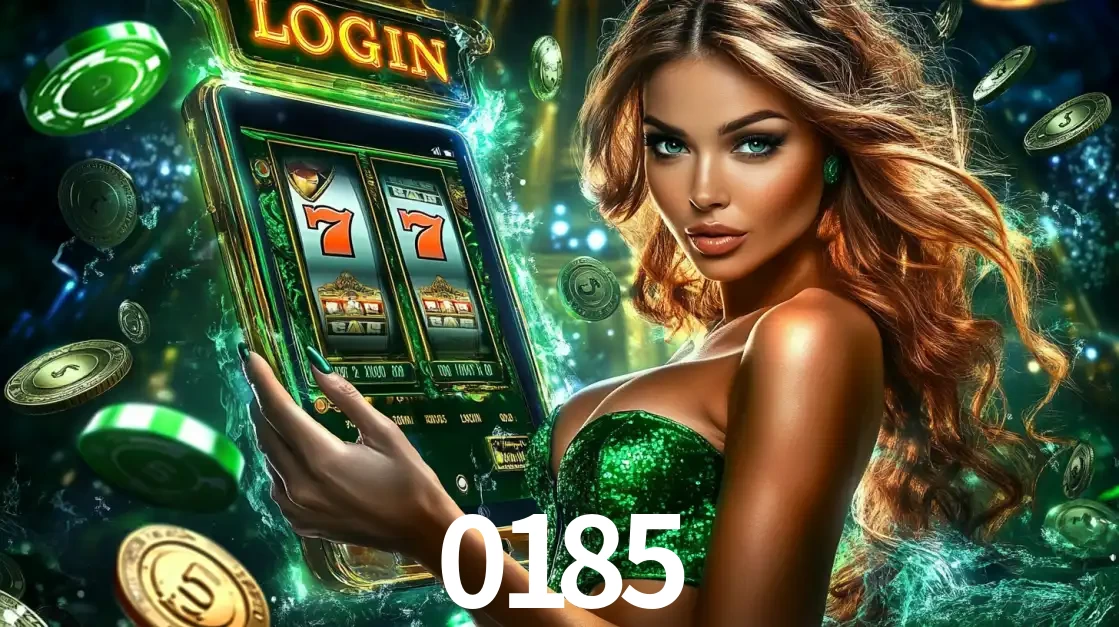 Mulher com tema verde apresentando o aplicativo do cassino 0185 com um jogo de slot de 777, cercada por fichas de cassino e uma aura de sorte.