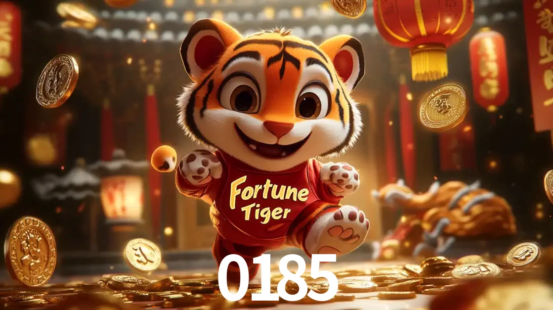 O alegre personagem do Fortune Tiger correndo sobre um caminho de moedas de ouro, simbolizando os grandes prêmios e a diversão do popular jogo de slot do 0185.