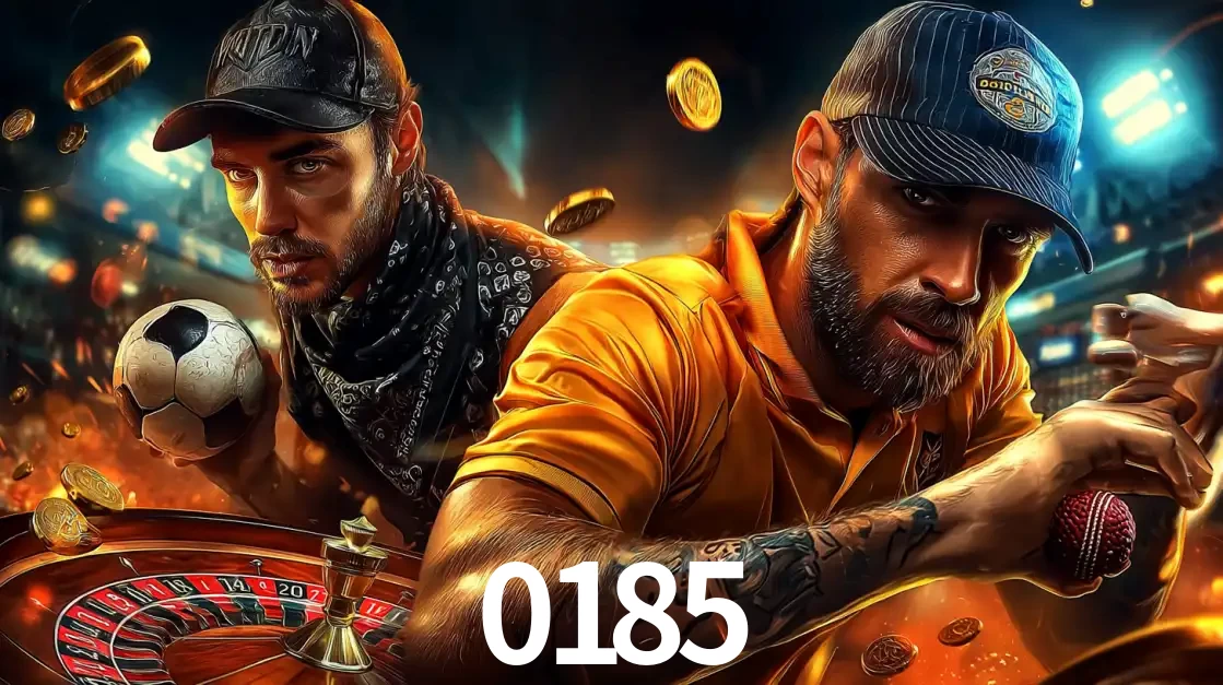 Montagem de apostas esportivas e cassino no 0185, com um homem segurando uma bola de futebol e outro uma de beisebol sobre uma roleta e moedas voadoras.