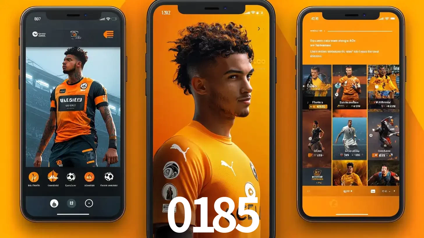 Interface do aplicativo de apostas esportivas 0185 em três telas de celular, mostrando o perfil de um jogador de futebol e a lista de jogos disponíveis para apostar.
