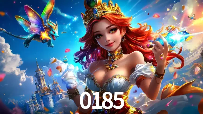 A princesa de um reino de fantasia mágico, com seu pequeno dragão, apresentando um mundo de prêmios encantados nos jogos de caça-níqueis do cassino 0185.