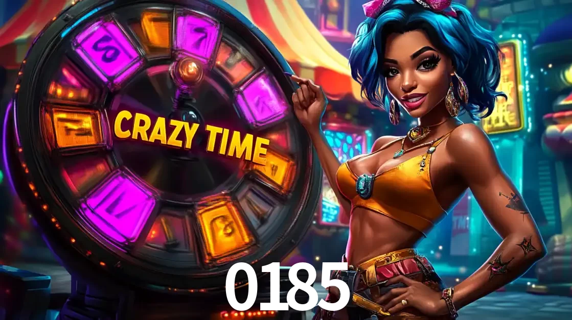 Mulher estilizada com cabelo azul e visual vibrante posando ao lado da roda de prêmios do game show Crazy Time, convidando para a diversão e os bônus do cassino 0185.