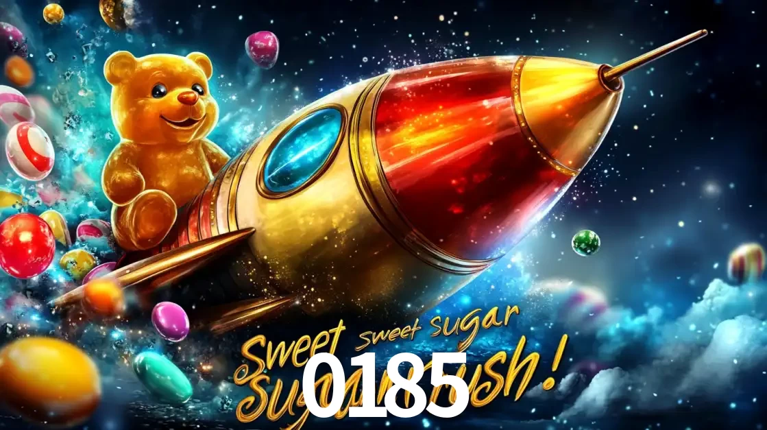 Arte promocional do jogo de slot Sugar Rush, com um urso de pelúcia em um foguete viajando pelo espaço de doces, um dos jogos divertidos disponíveis no cassino 0185.