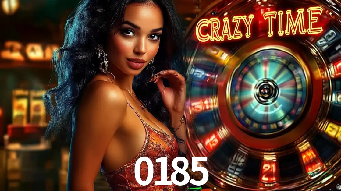 Mulher elegante ao lado da vibrante roda da fortuna do jogo de cassino ao vivo Crazy Time, um dos game shows mais populares e cheios de prêmios do 0185.