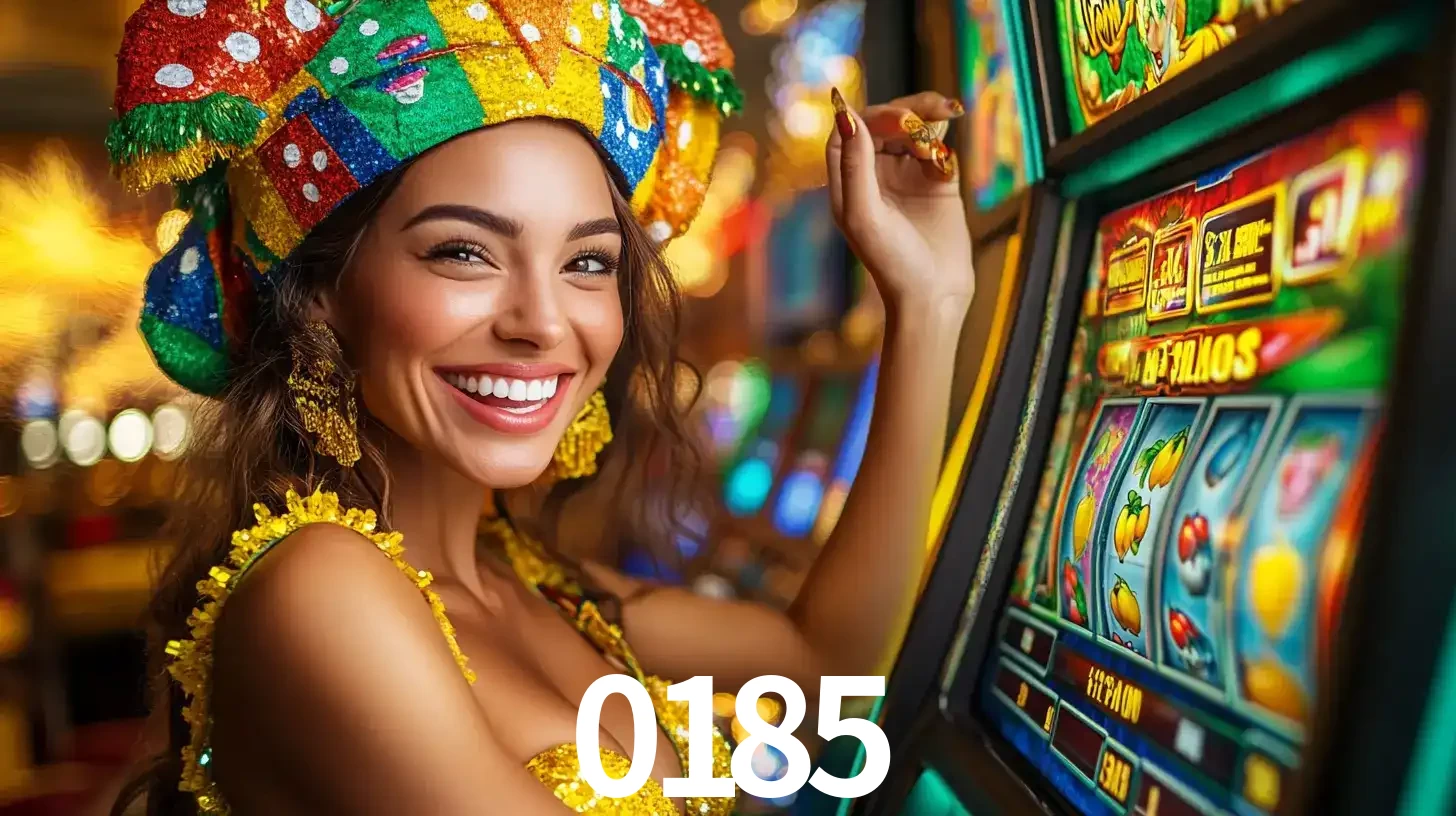 Mulher feliz com traje de carnaval amarelo e colorido ao lado de uma máquina de caça-níqueis, aproveitando a diversão e os jogos temáticos do cassino 0185.